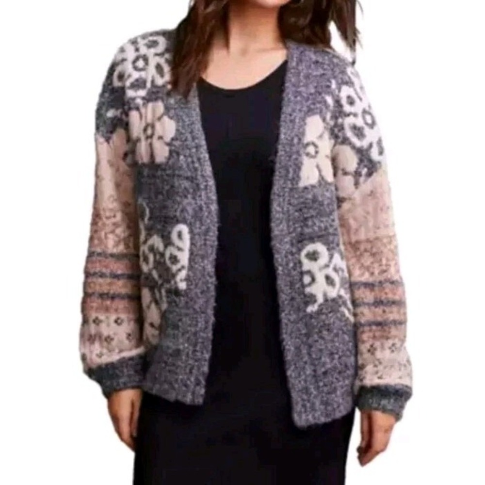 Tribal Women's Floral Print Cardigan Sweater Longsleeve Chunky Knit Sz‎ M